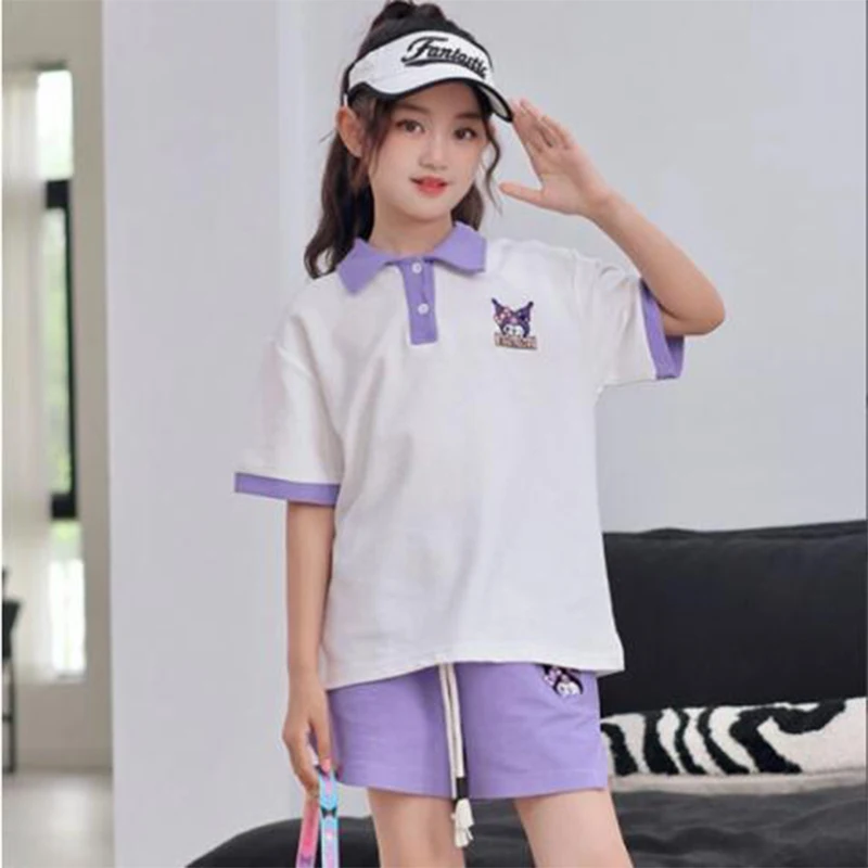 

2Pcs Sanrio Kawaii Anime Kuromi Girls Short Sleeve Shorts Summer Sweet Cute Cartoon Polo T-Shirt Lovely Sports Suit Gift for Kid