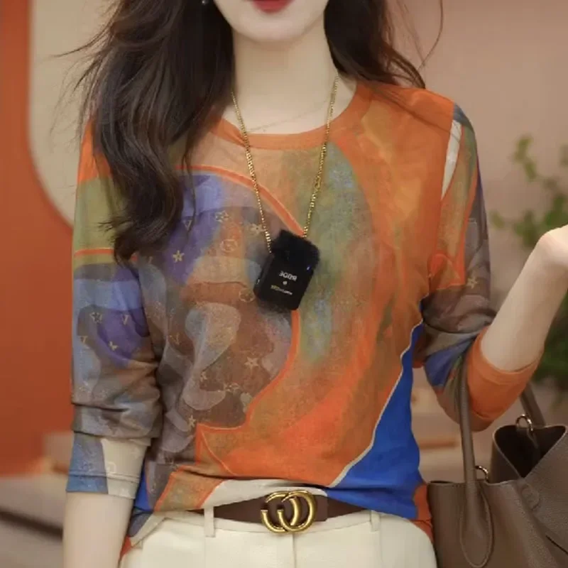 

Винтажные свободные цветные марлевые блузки с круглым вырезом и принтом, женская одежда, повседневные топы большого размера, рубашки для поездок на работу XT835