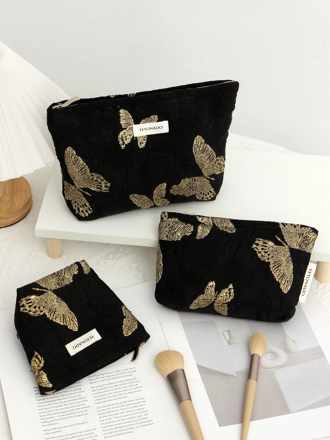 1 قطعة/مجموعة حقيبة مكياج على شكل فراشة سوداء، حقيبة مكياج عصرية بسحاب ذات سعة كبيرة، حقيبة تخزين متعددة الوظائف