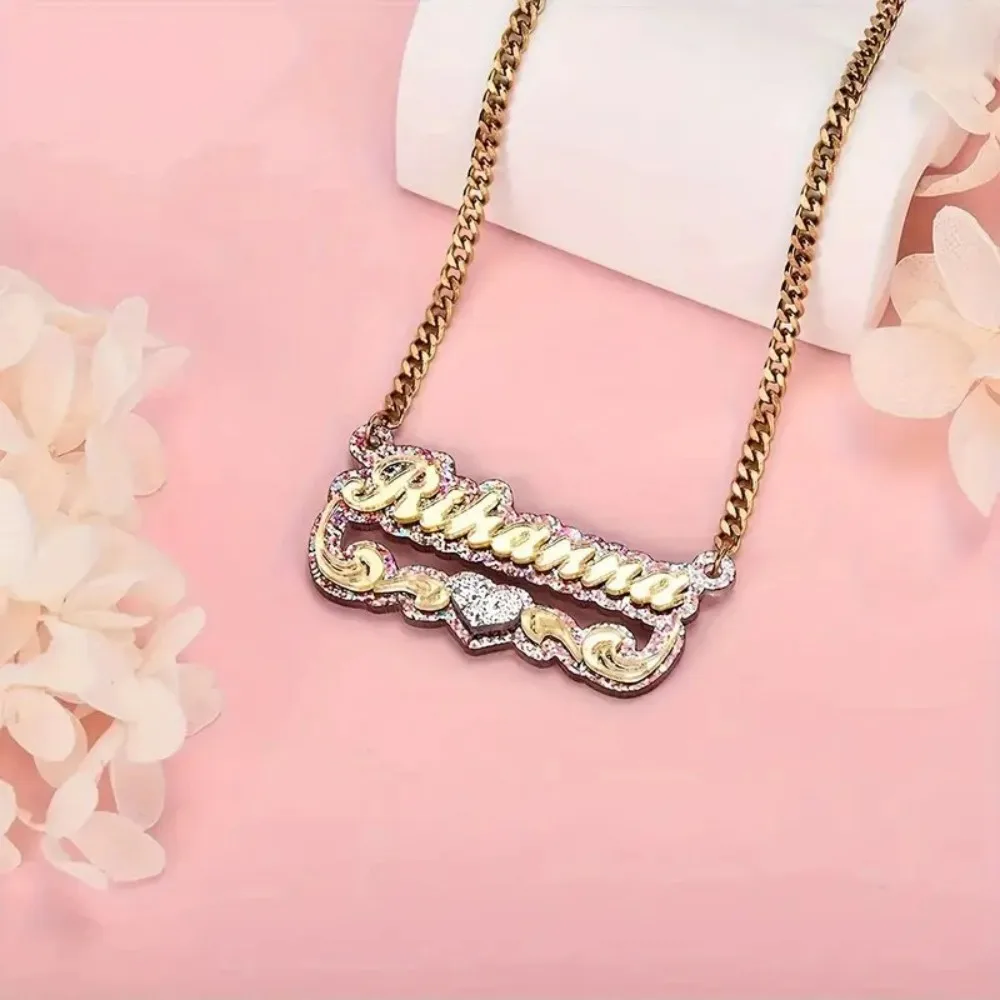 Collar con colgante de nombre personalizado de acrílico, collar con letras coloridas personalizadas, regalo bonito, colgante personalizado de encaje de amor para niñas y mujeres