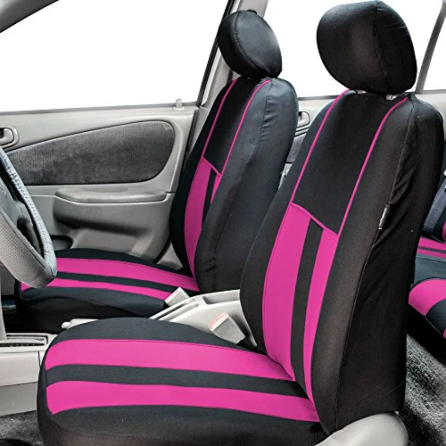 Three Row 7 Seater Combo Set Striking Striped Car Seat Covers with Steering Wheel Cover and Seat Belt Pads - Universal Fit for