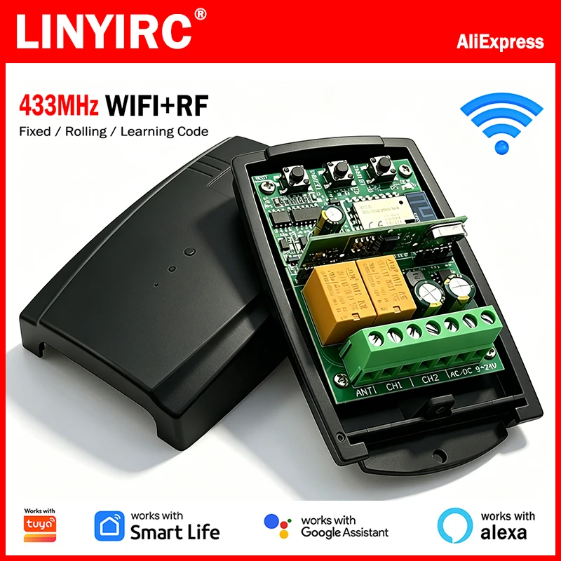 Works With Tuya Wifi Smart Switch Module Receiver 433MHz Universal Garage / Gate Remote Control Receiver Opener Relay Controller