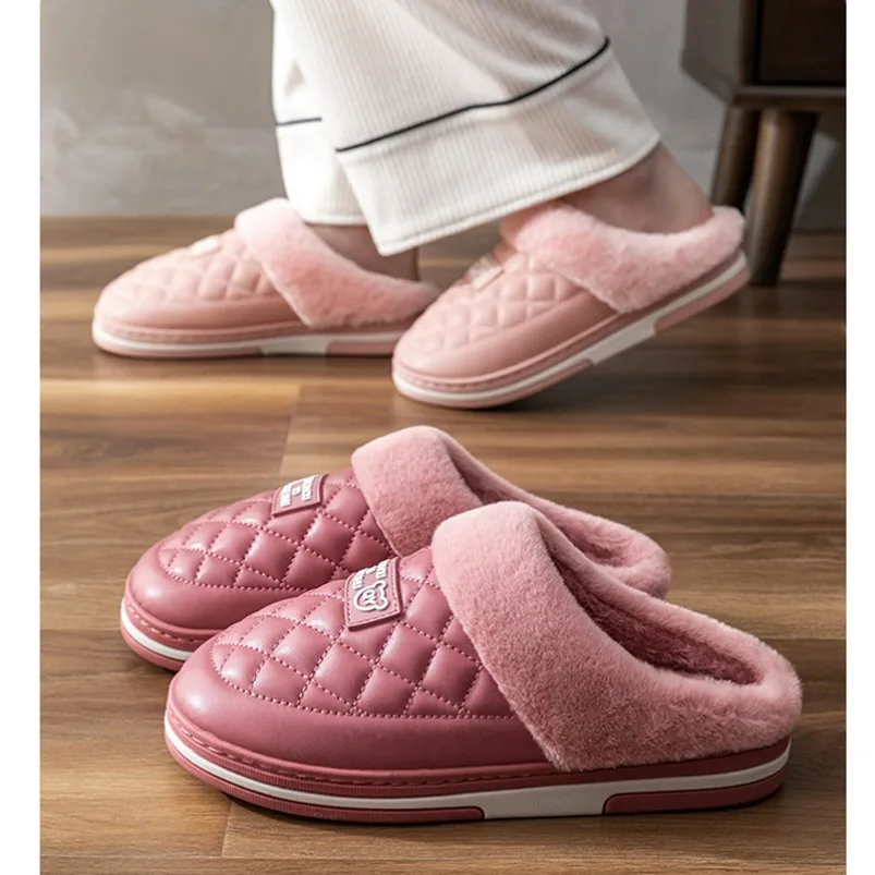 Home Slipper Women Grid Fuzzy Winter Warm Fur Plush Indoor Lazy Female Thermal Furry Room House Shoe Flat Flip Flop Men Male