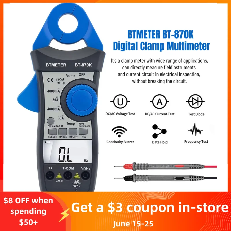 

Clamp Multimeter HP-870K, DC AC Digital Voltage Current Meter, Auto Electric DMM Tester Avometer for Volt Amp Ohm Hz Temp Diode