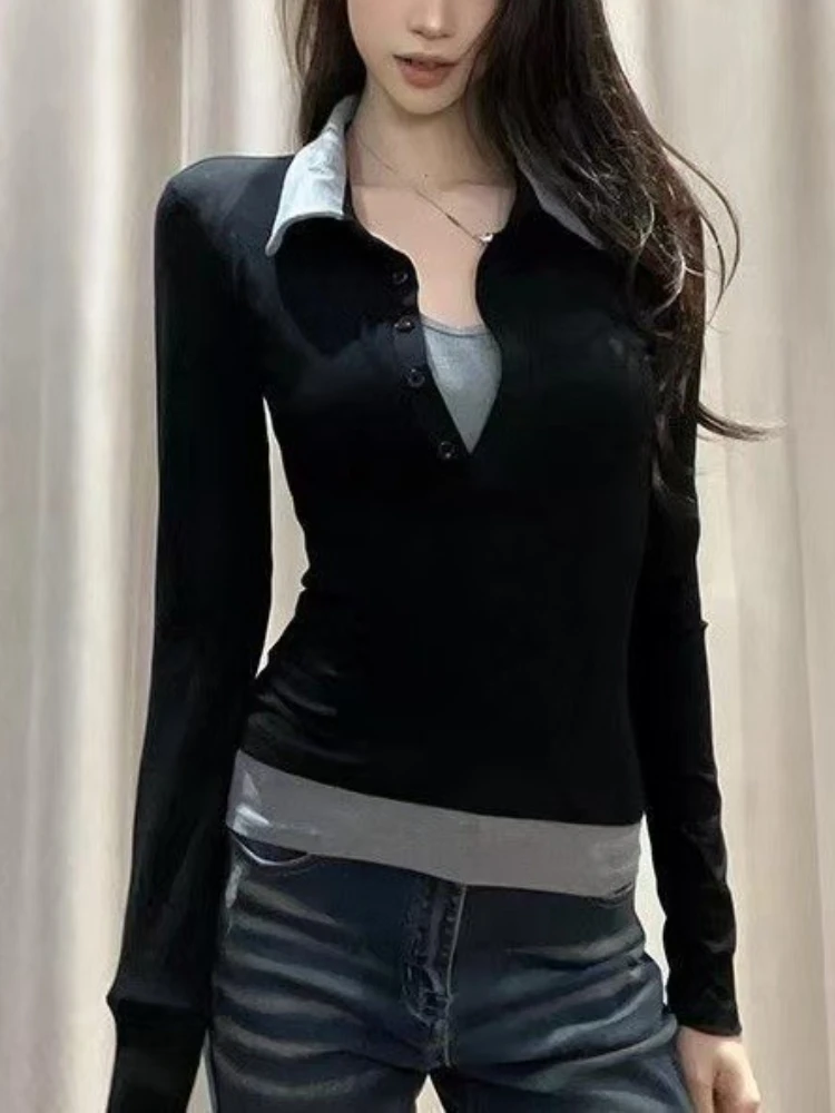 

Французский элегантный искусственный двухсекционный топ с воротником-поло, цветной блок, облегающий сексуальный базовый слой, осенняя новая женская футболка с длинным рукавом Y2k