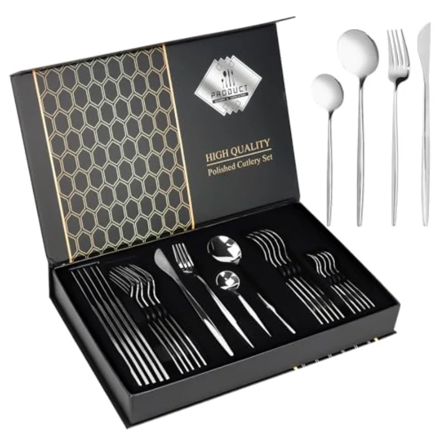 

24 Piece Stainless Steel Cutlery Set - Spoon, Fork, Knife Set with Glossy Finish - Ideal for Home, Hotel and