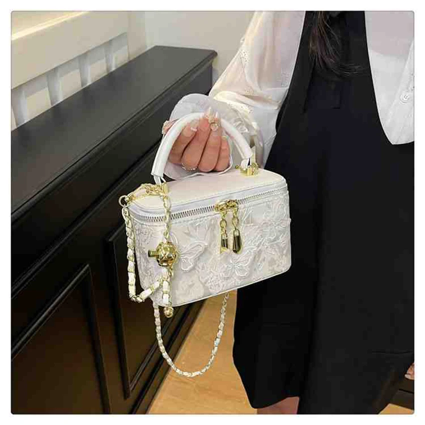 

Lace Splicing Box Bag for Women Solid Color PU Butterfly Appliques Cross Body Bags Fashion Girls Casual Zipper Handbags