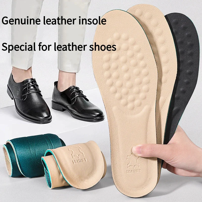 1Pair NEW Men's Comfortable Leather Shoe Insoles Breathable Sweat Absorbent Sports Insoles Wear-Resistant Cowhide for Footwear