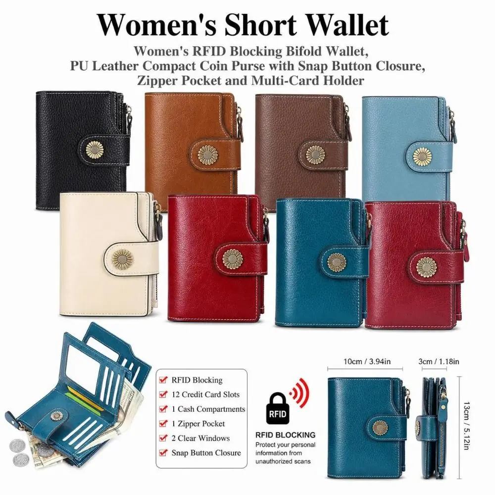 PU Leather Women's Short Wallet Snap Button Closure Zipper Pocket Card Holder RFID Blocking Floral Button Detail Coin Purse