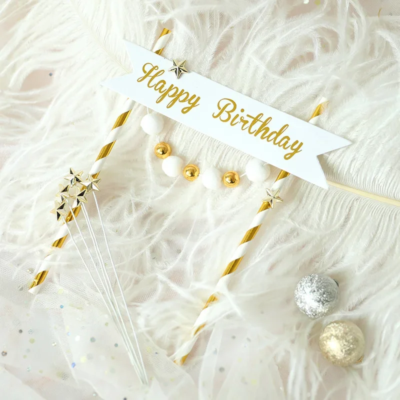 Royal Style Platinum  Birthday Banner Flag Gold Ball Star Happy Birthday Cake Topper Love Crown Decorations Party Supplies