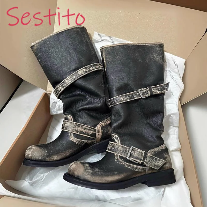 

Belt Buckles, Stacked Boots Thick Heels Retro Vintage Mid Length Boots Korean Version Boots Niche Workwear Boots Women's Boots