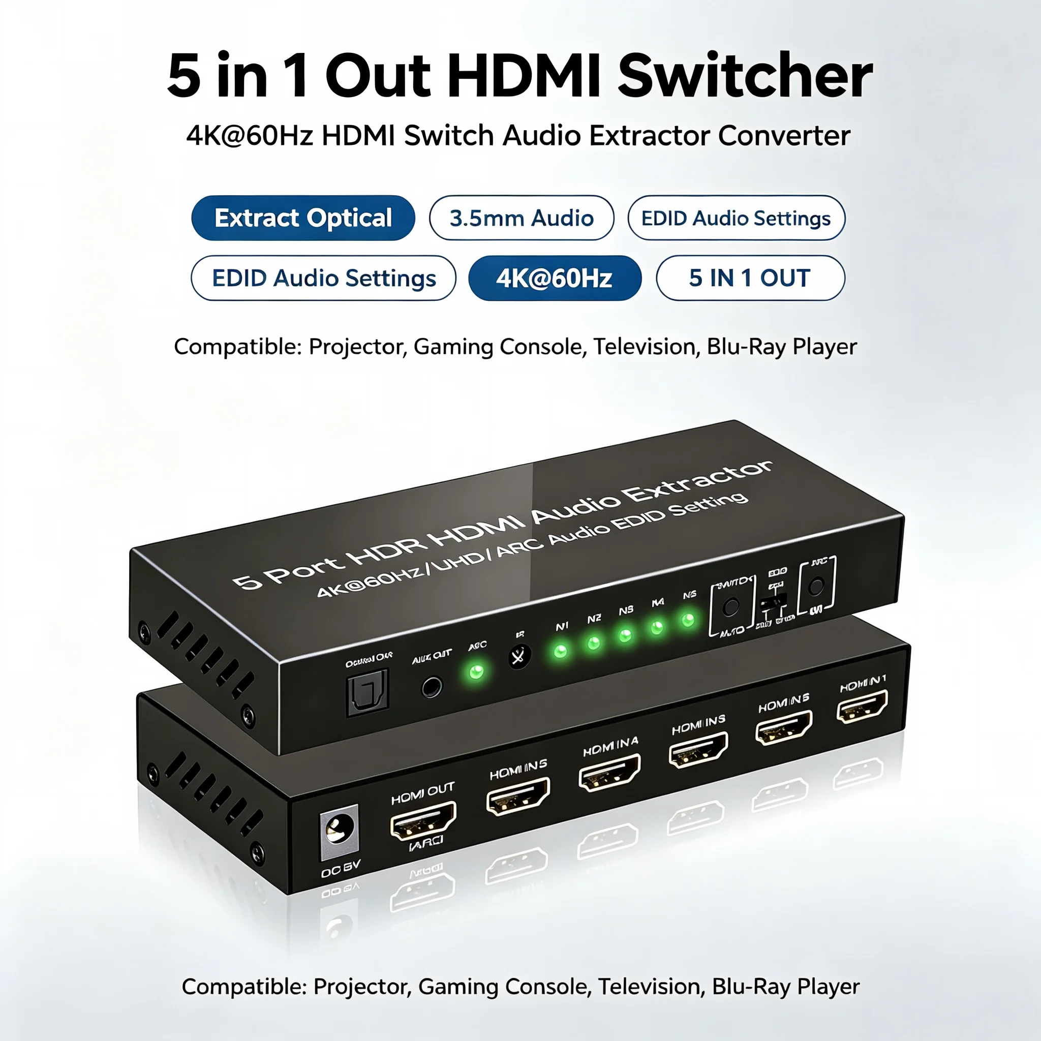 4K@60Hz HDMI Switch Audio Extractor Converter,5 in 1 Out HDMI Switch with Optical&3.5mm AUX Audio Output,HDCP 2.2, HDR10, 18Gbps