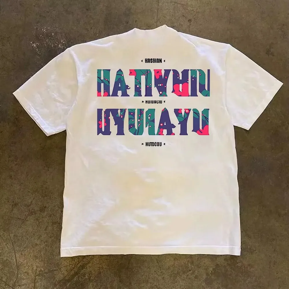 Unisex Back Multi Color Camo Block Stacked Letter Graphic T-Shirt Men Women Purple Green Pink Splatter Camouflage Distorted Typography Print White Oversized Heavy Cotton O Neck Short Sleeve Y2K Hip Hop Streetwear Loose Casual Summer Couple Top