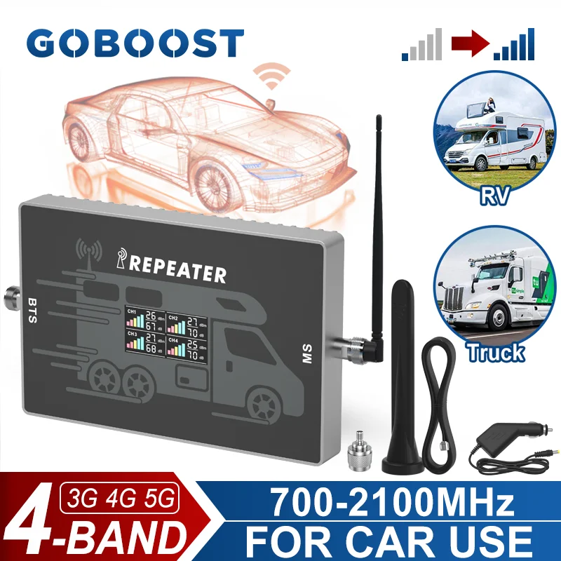 GOBOOST 차량용 4 밴드 셀룰러 증폭기, 네트워크 신호 셀 리피터 안테나 키트, 70dB 700 850 900 1800, 2100 MHz, 3g, 4g, 5g