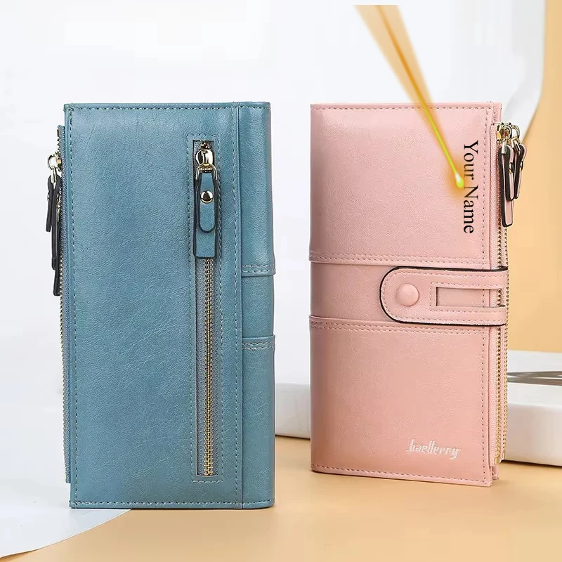 Dompet Wanita Nama Ukir Dompet Klasik Tempat Kartu Kualitas Terbaik Kulit Panjang Mode Dompet Merek Ritsleting Hadiah Pribadi