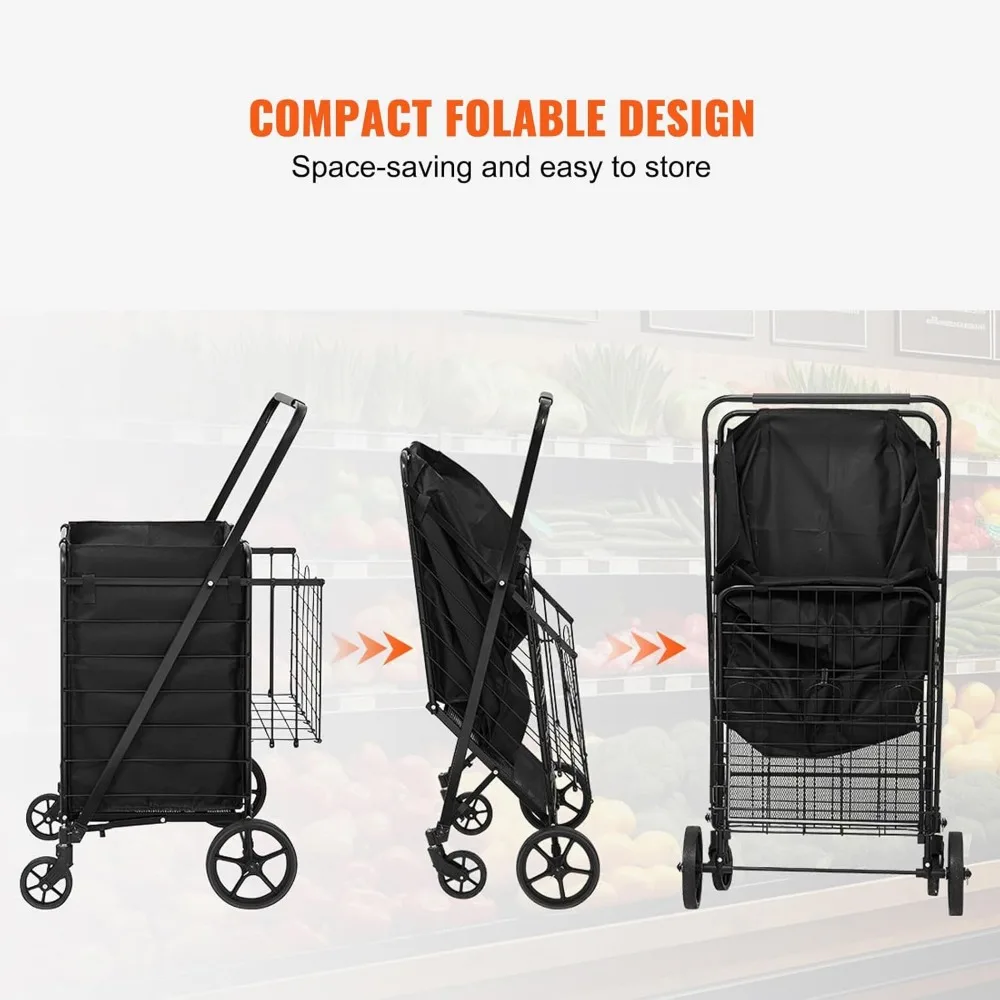VEVOR Carro de compras plegable con revestimiento impermeable extraíble, carrito de supermercado grande de capacidad de 210 libras con cesta doble, 360 grados