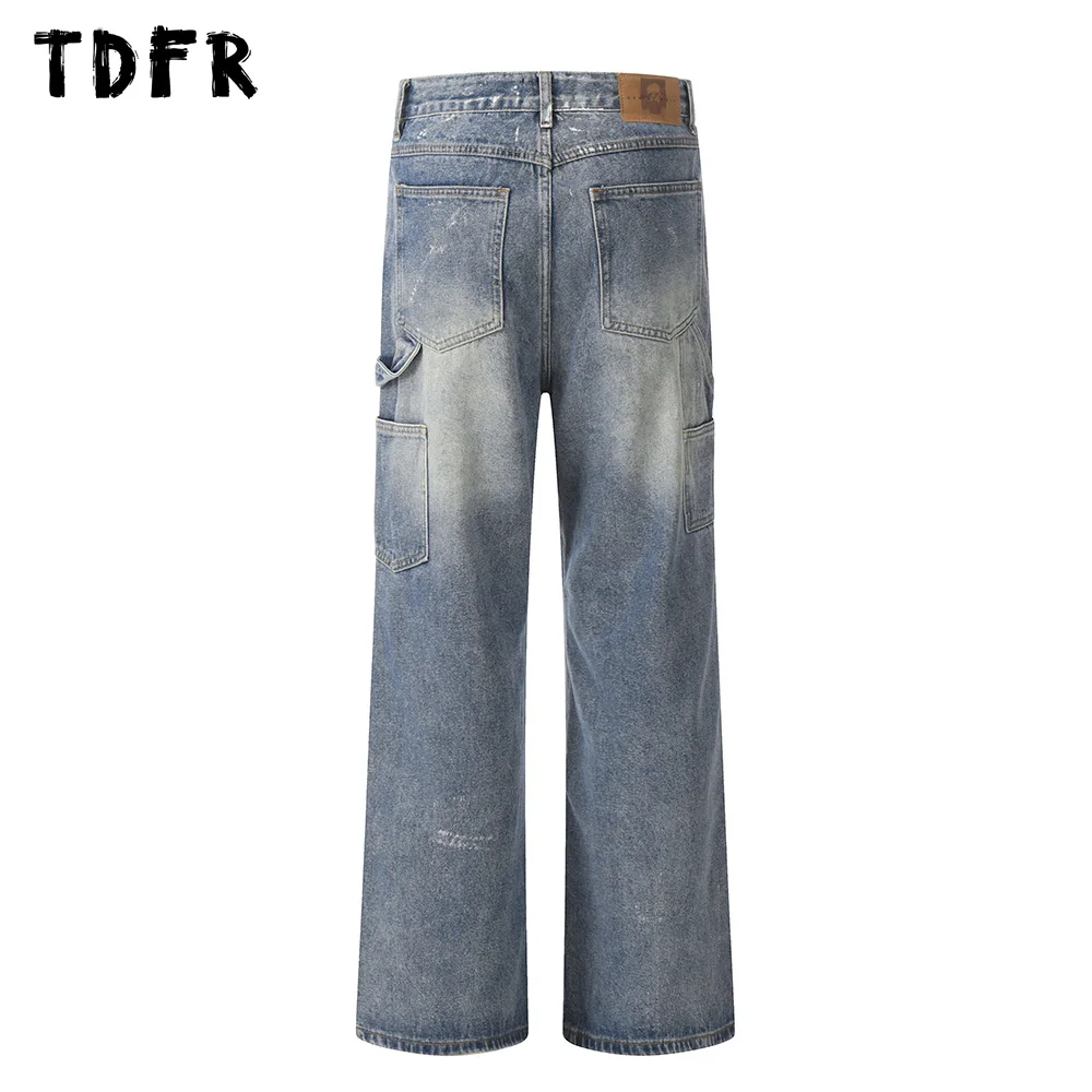 Double Knee Carpenter Denim Pant Mens Washed Distressed Retro Streetwear Straight Loose Wide Leg Spliced Jeans Men