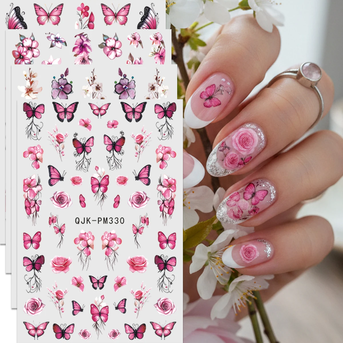Rosa & Lila Schmetterlings-Blumen-Nagelaufkleber – Romantische, verträumte Nagelsticker – Für Frühling, Alltag, Party, Valentinstag, Hochzeit
