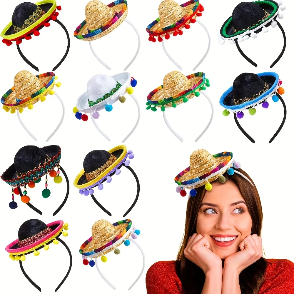 6Pcs Colorful Mini Sombrero Headband with Pom-Poms, Fiesta Party Hats for Cinco de Mayo, Luau, Summer,Halloween