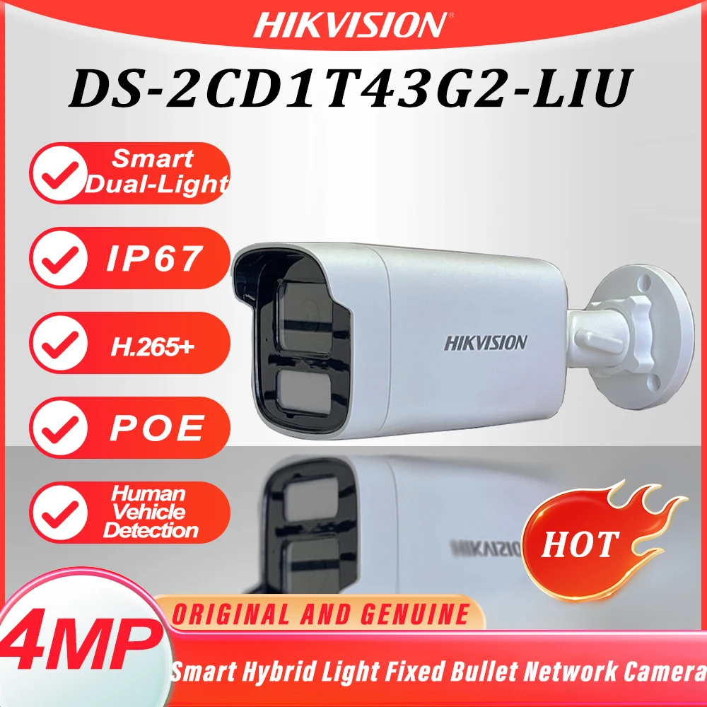 Hikvision IP Camera 4MP Smart Hybrid Light Fixed Camera Human and Vehicle Detection Surveillance Built-in Mic DS-2CD1T43G2-LIU