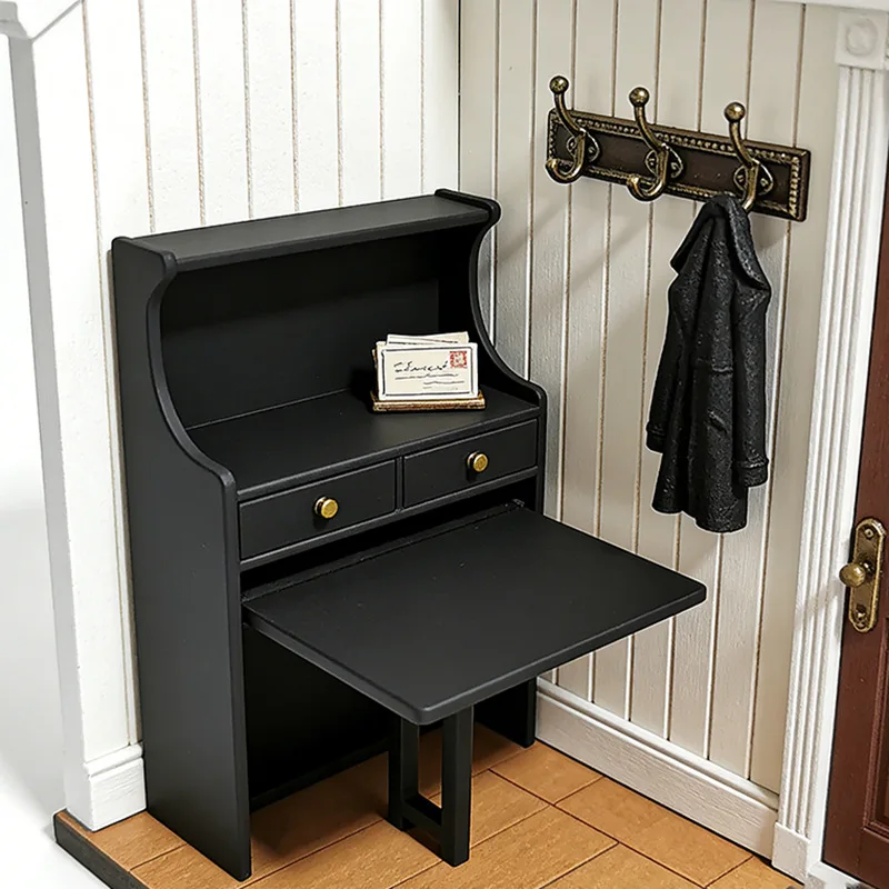 

1:12 Scale Dollhouse Foldable Secretary Desk,EuropeanStyle Miniature Storage Cabinet with Drawers,FurnitureAccessory for Diorama