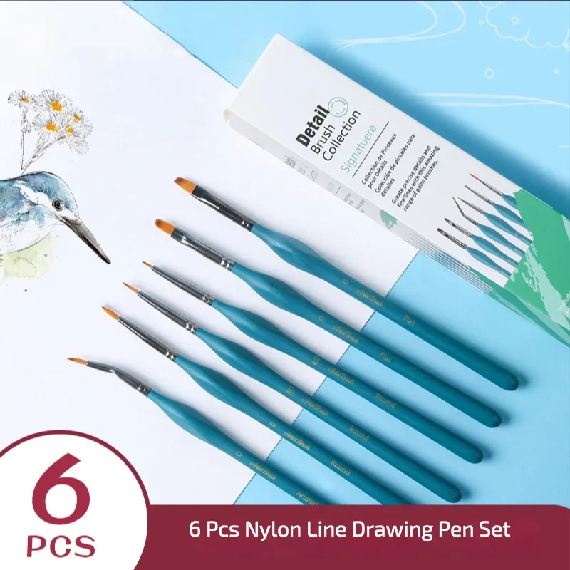 Nylon Hair Hook Line Brush 6 Pcs Sets Multifunction Acrylic Watercolor Gouache Line Drawing Brush Oil Painting Art Basic Package