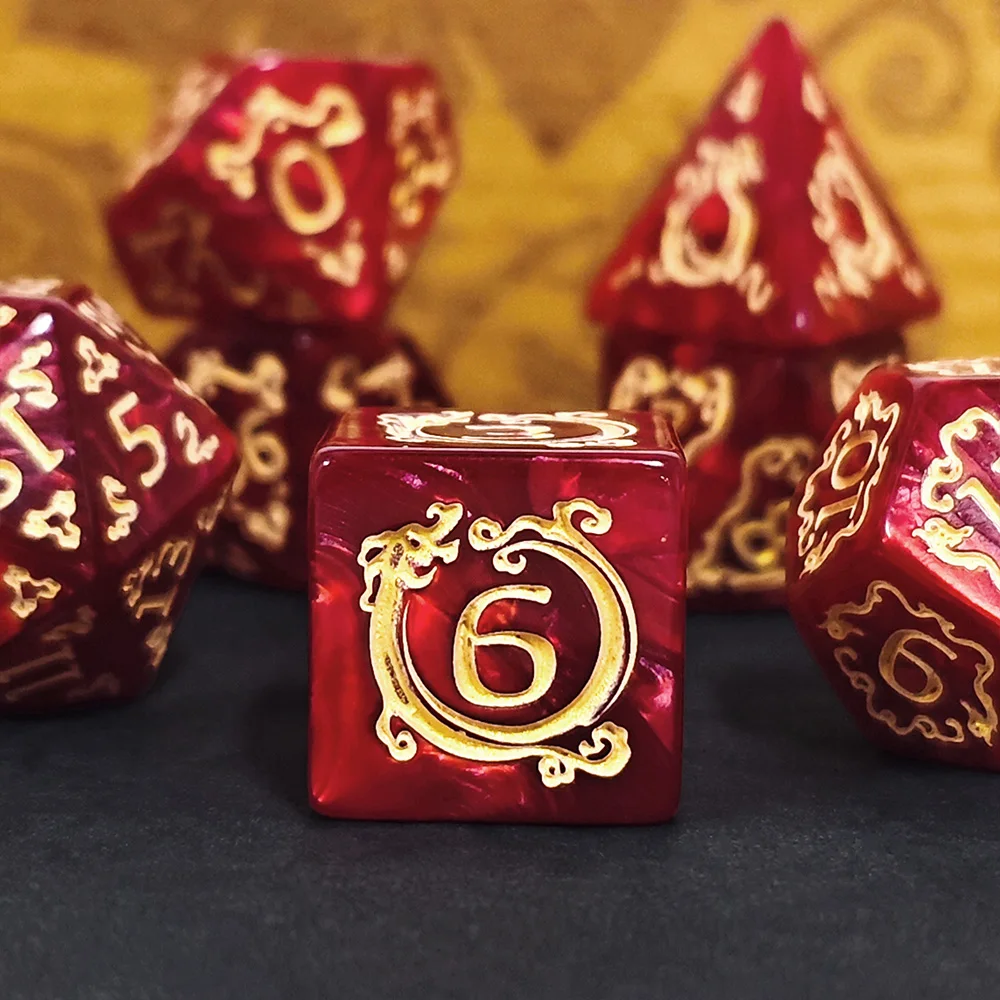 Ruby Red Dragon Crest Polyhedral Dice Set, 7-Piece Gold Ornate DND Dice for TTRPG, Fantasy Gaming & Collection RPG, Tabletop RPG