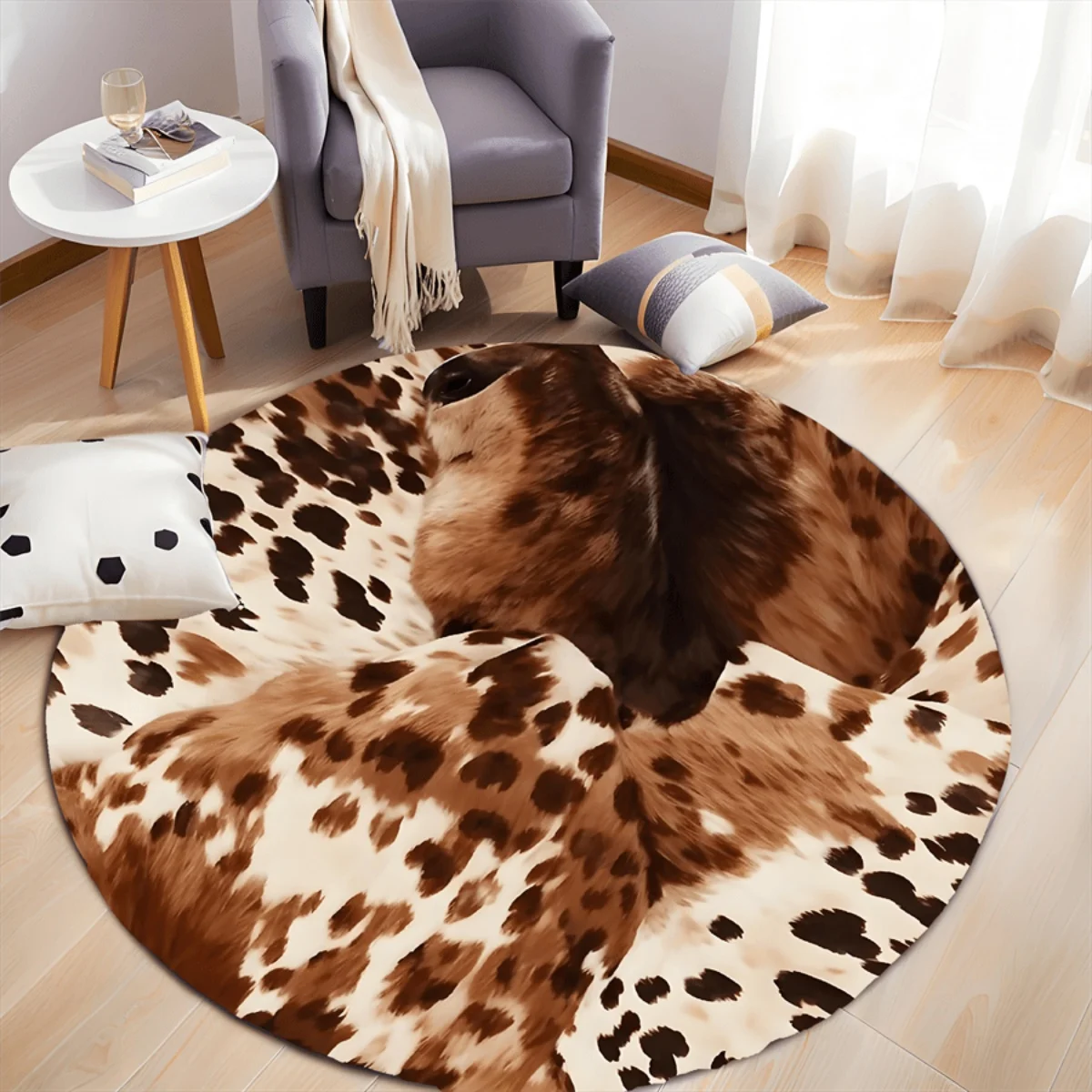 Winter Holiday Circular Area Rug, Snow Town Santa Train Printed Non Slip Washable Floor Mat, Decor Piece Beside Living Room Sofa