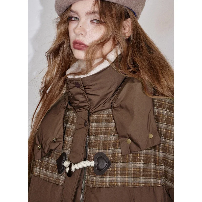 ELFSACK  Winter Casual Coarse Knit Patchwork Plush Collar Long Down Coat For Woman