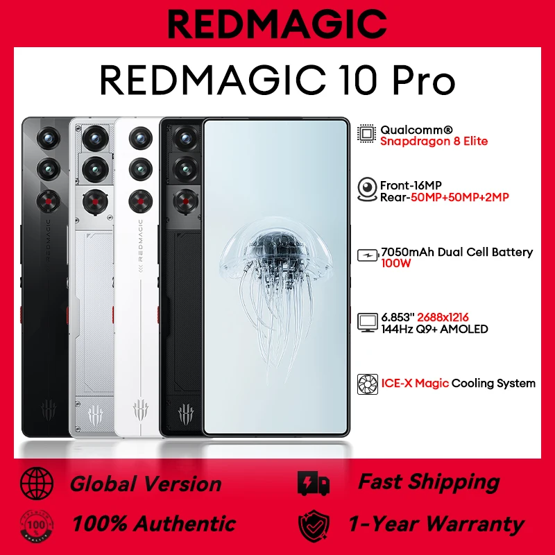 الإصدار العالمي Redmagic 10 Pro NX789J Snapdragon 8 Elite 6.853 "Q9+ 144 هرتز 2688x1216 AMOLED 50MP*2+2MP+16MP 7050mAh 100W NFC