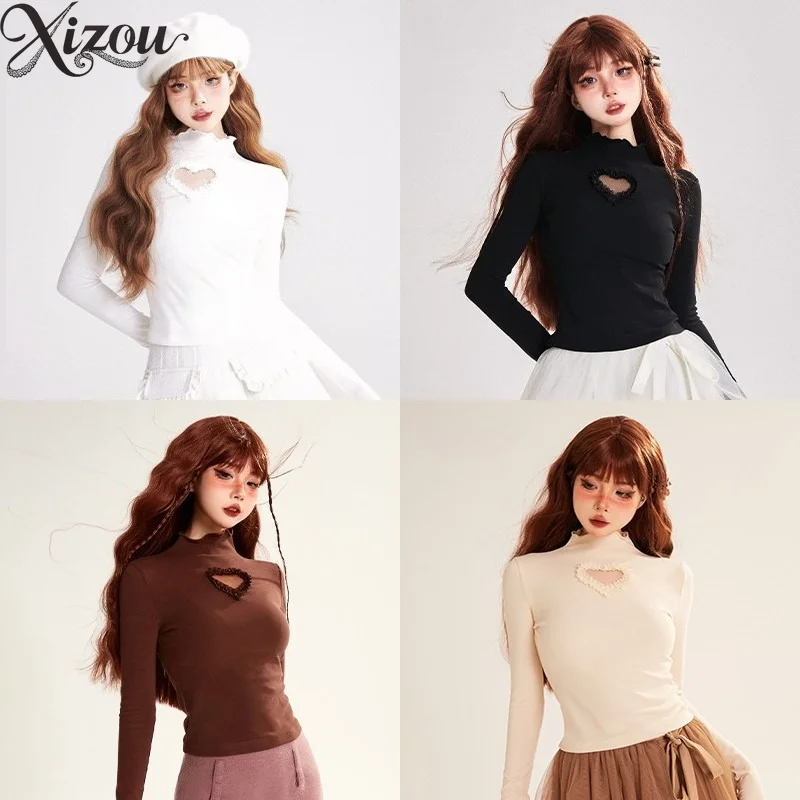 Japanischen Stil Herbst Winter Herz Hohl High Neck Gestrickte Pullover Rüschen Laterne Hülse Slim Fit Pullover Pullover für Frauen