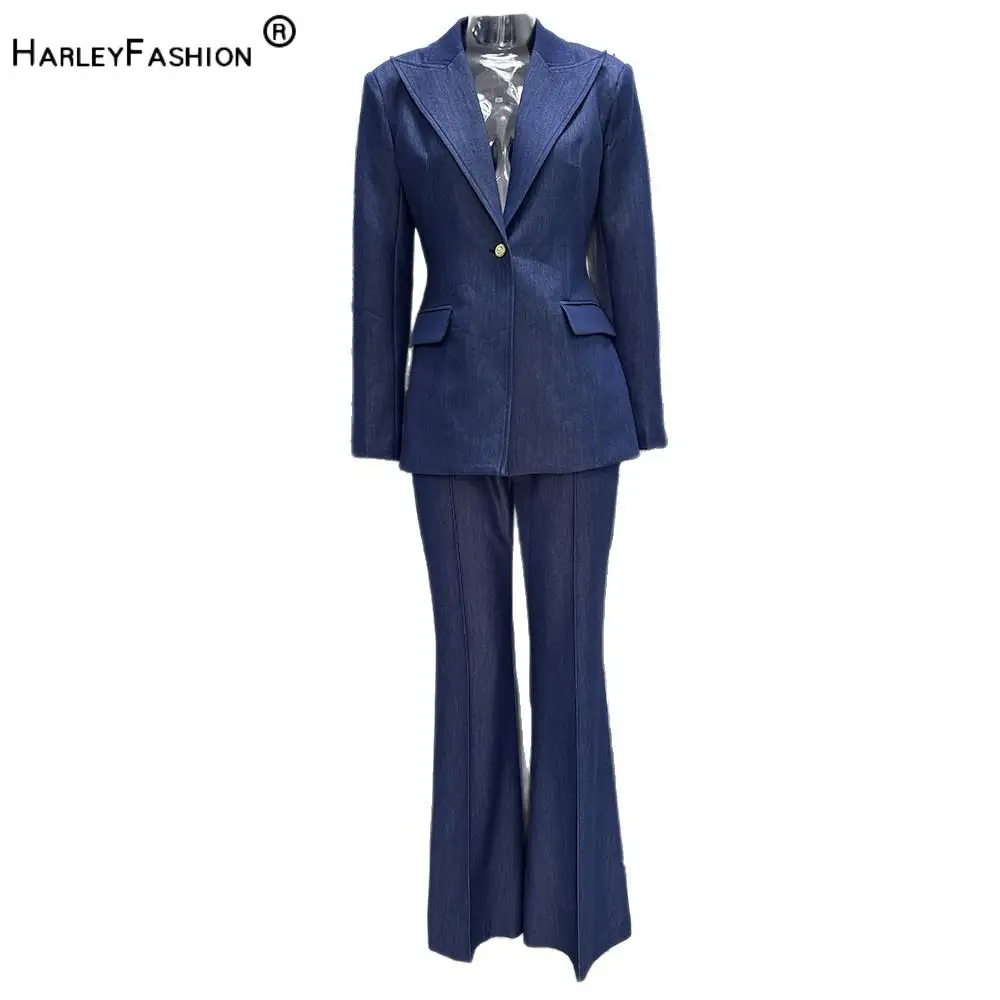 2026 Fashion Denim-look Fabric Lady Fashion Office Solid Suit Notched Long Sleeve Single Button Blazer Flare Pants Women 2pcs