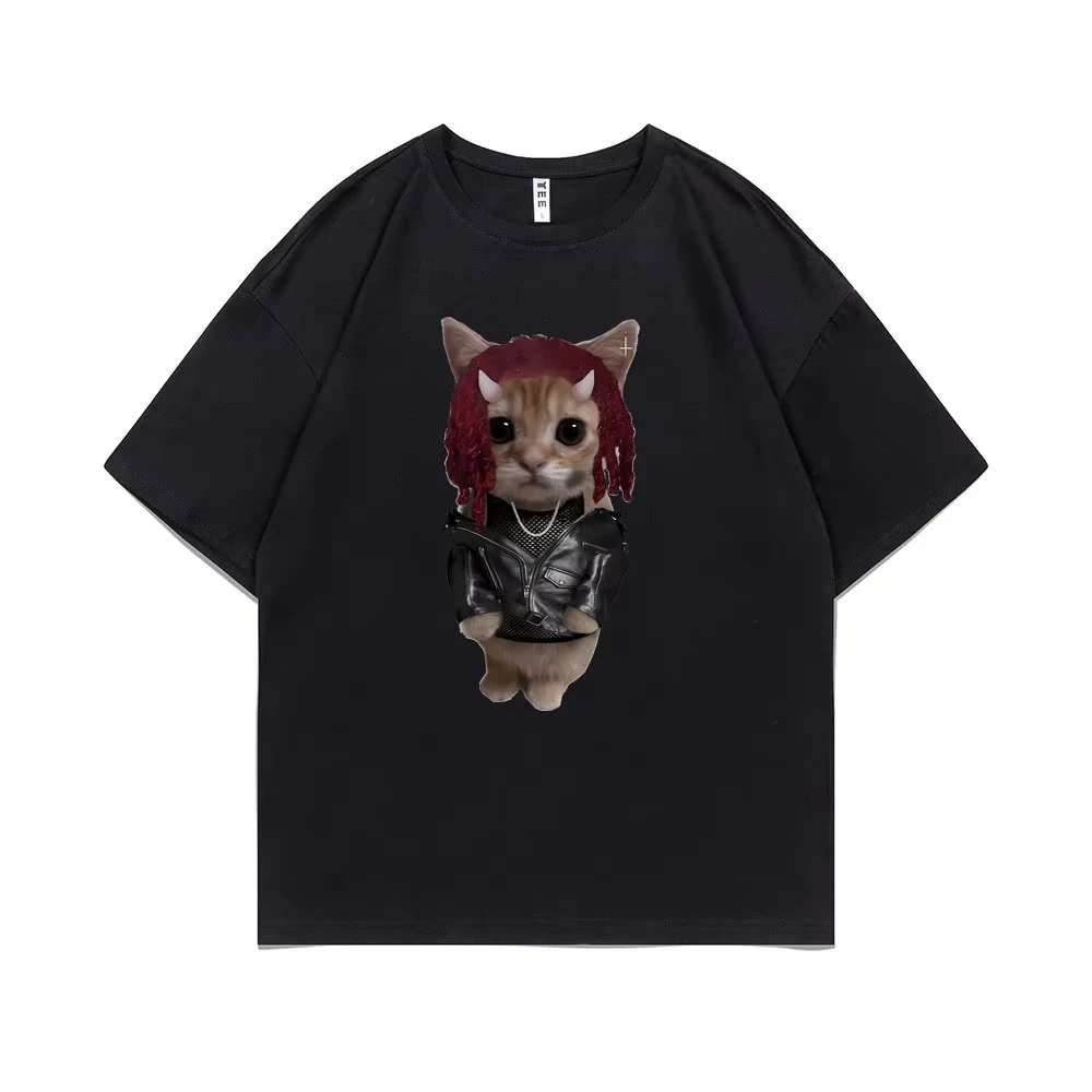 

Creative Rapper Cat Printed Pure Cotton T-shirt Men and Women with The Same Round Neck Cotton Short-sleeved T-shirt