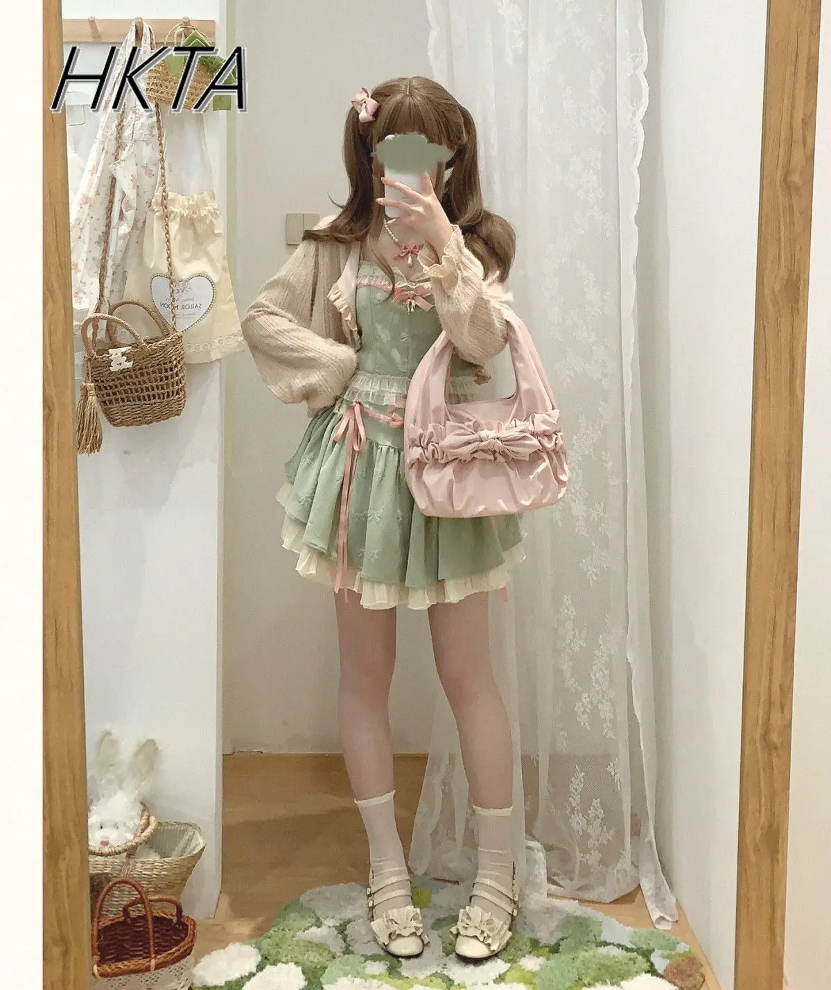 甘いピンクサスペンダーベストスカート 2 枚セット女性甘いかわいいレースの弓プリンセスショートトップかわいいプリーツスカートロリータ少女