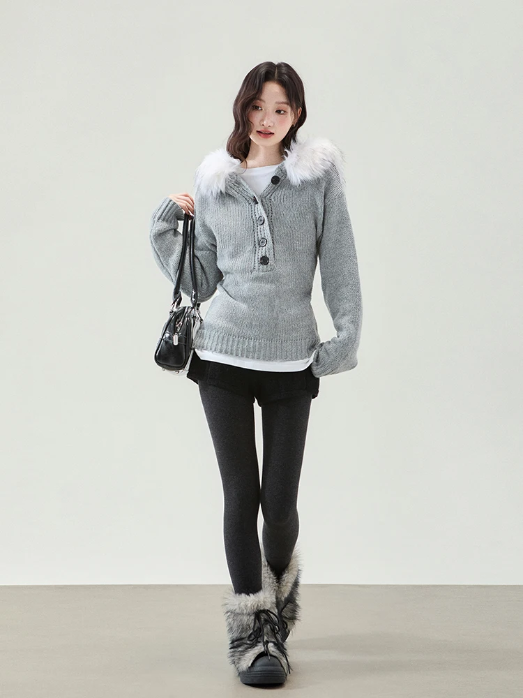 

Nuxin Original Korean Sle Lazy Hoodie Knitted Sweater Women's Autumn Winter Slimming Slim Fit Fur Collar Hooded Top