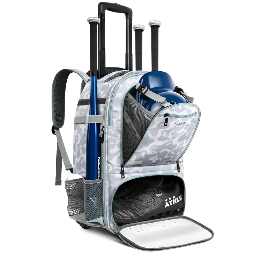 

Рюкзак для бейсбола на колесах с внедорожными колесами, сумка для экипировки бэттеров, вмещает 4 биты, большая сумка для софтбола