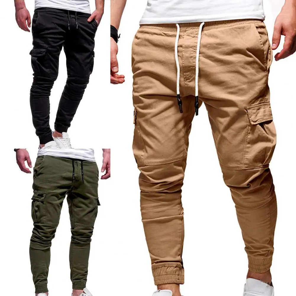 Fashion Casual Pants Fashion All Match Men Solid Color Multi Pockets Pants  Cargo Pants Slim