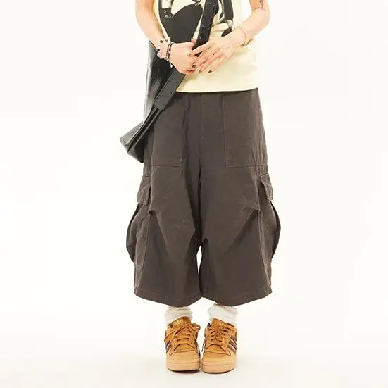 

American Loose Workwear Shorts for Women's Summer New Vintage Multi Pocket Cropped Pants Woman