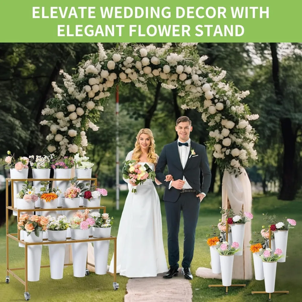 عربة زهور معدنية ثلاثية الطبقات مع 360 درجة ° عجلات دوارة وفرامل، دلو حديدي متضمن لعرض الزهور #6