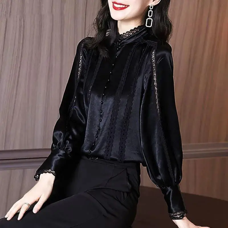 Stand Collar Casual Blouse 2022 Spring Autumn Vintage Elegant Loose Plus Size Women Clothing Lace Spliced Tops Puff Sleeve Shirt