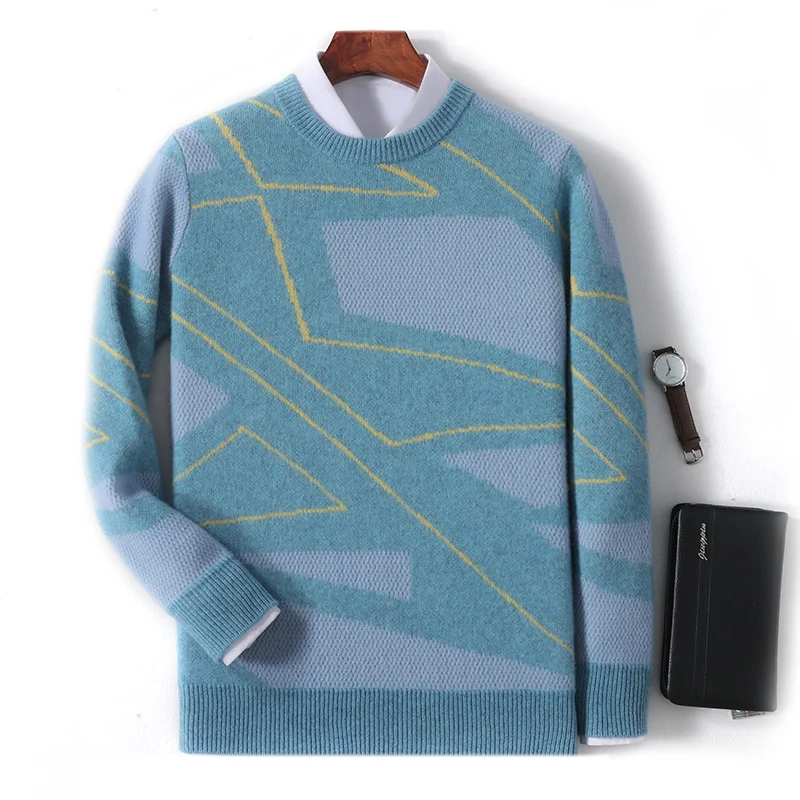 Autumn And Winter New 100% Wool Men's Round Neck Color Matching Knit Bottoming Shirt Business Casual Loose Cashmere Sweater