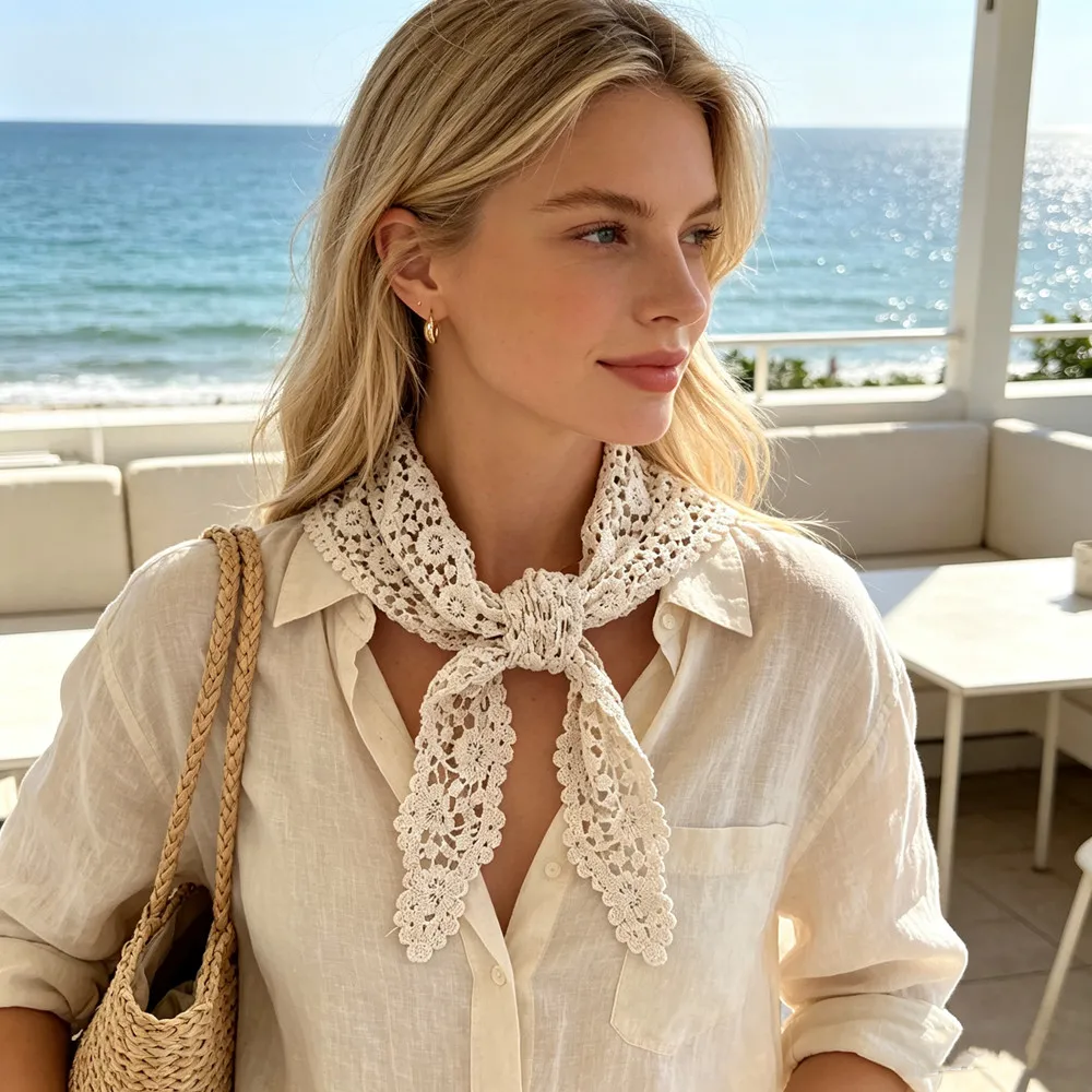 Floral Lace Bandana For Women Vintage Crochet Lace Triangle Scarf Boho Summer Beach Headscarf Irregular Butt Curtain Accessory - view 2