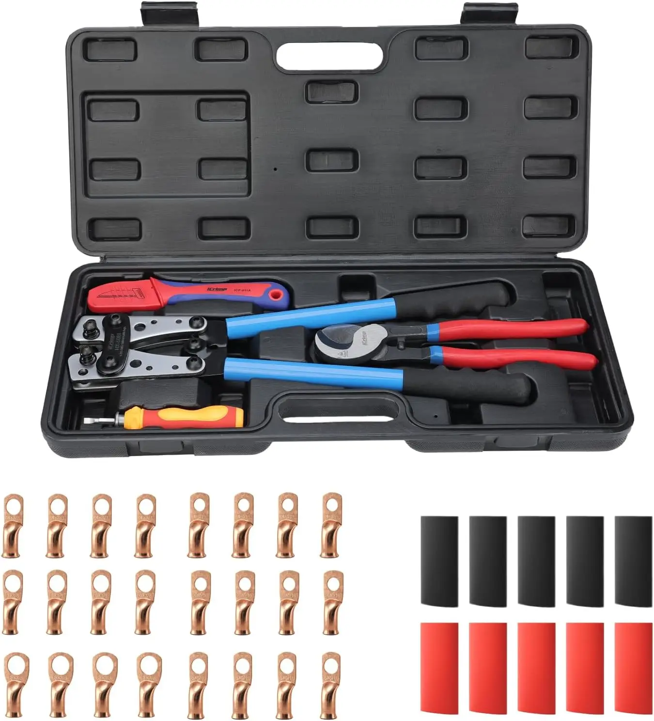 

Battery Cable Crimping Tool Kit with Stripper, Copper Lugs, Heat Shrink Tubes for AWG 8-1/0 - Includes Wire Cutter