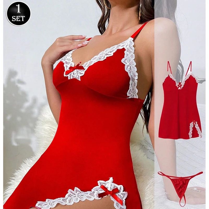 

Woman Dress Bodysuit Pajama Underwear Erotic Costumes Sexy Lingerie Women's Babydolls Deep V-stitch Lace Camisole Two-piece Set