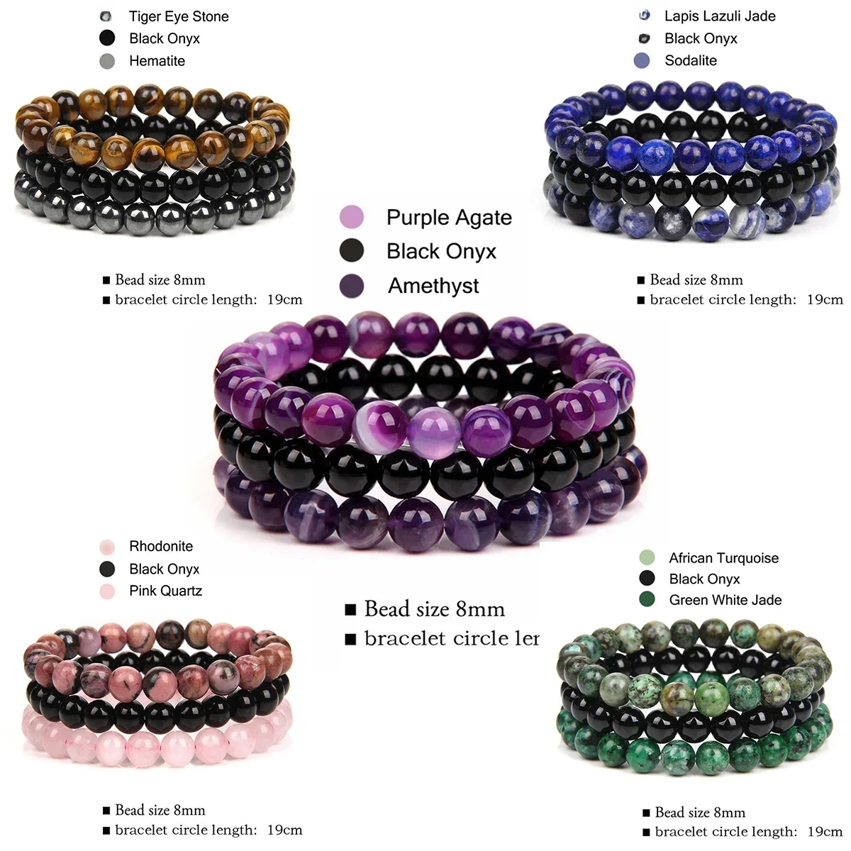 8mm Natural Stone Bracelet 3Pcs 1Set Rhodonite Rose Pink Quartzs Amethysts Hematite Bracelets For Women Men Jewelry