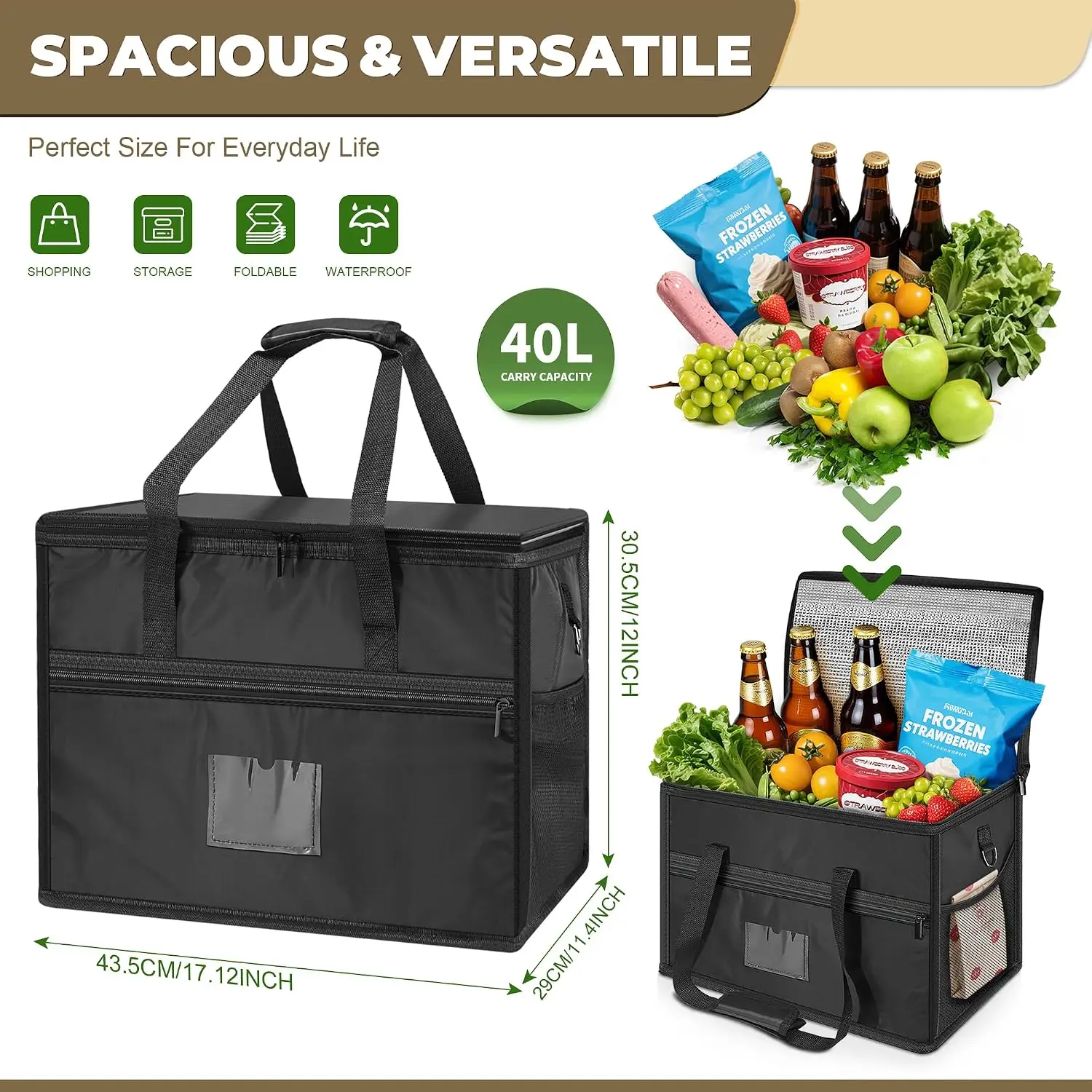 40L Insulated Food Delivery Lunch Bag, Collapsible Catering Grocery Bag for Hot and Cold, Reusable Cooler Bag with Zipper