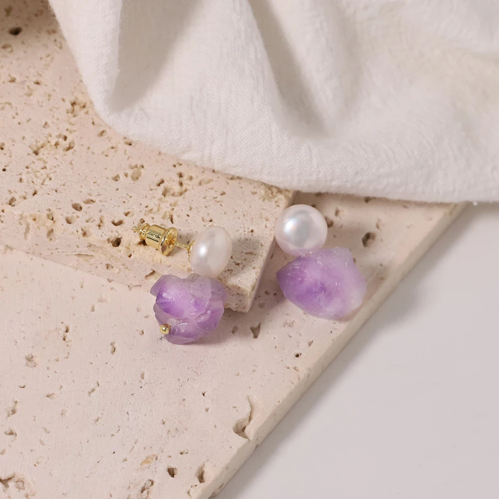 

Natural Pearls Amethyst Flower Earrings For Women High Quality Trendy Dangle Hoops Women's Earrings Fine Jewelry GE1491
