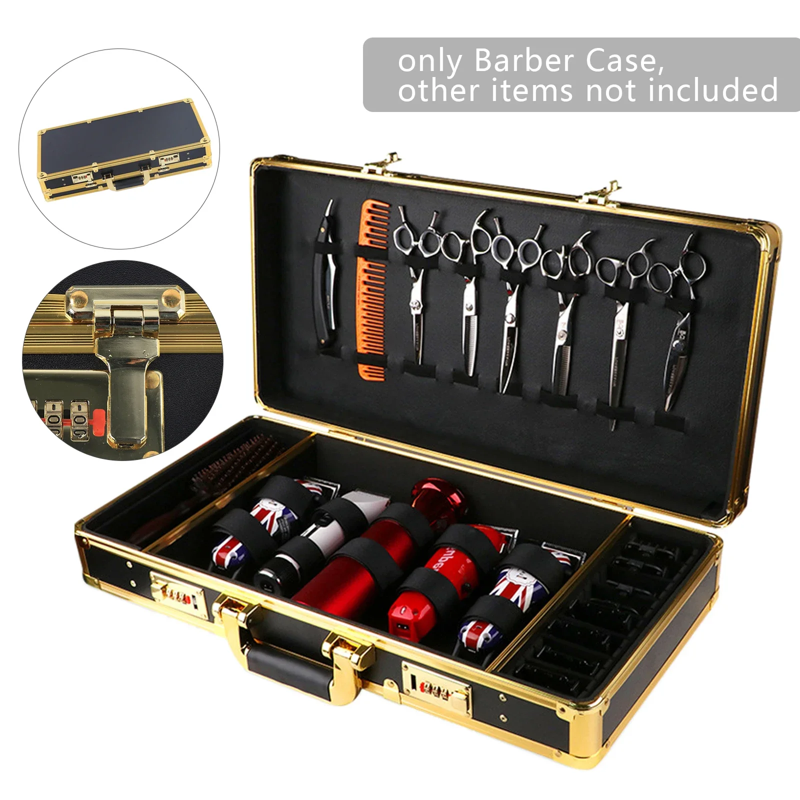 Barber Case Organizer, Aluminum Alloy and Fireproof Panel, Three Compartments for Scissors and Hair Tools,  with Golden Accents