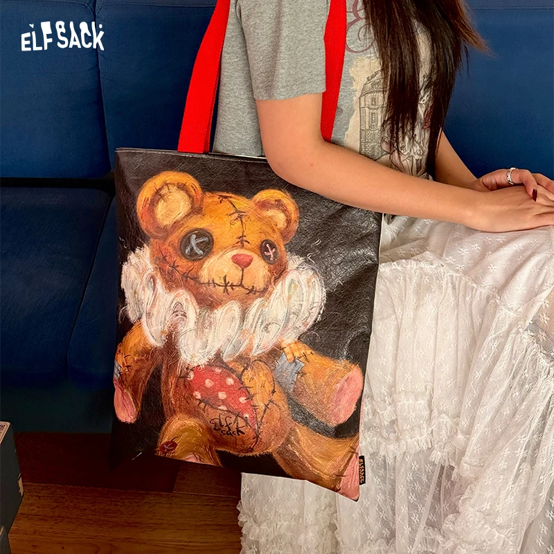 ELFSACK Artistic Teddy Bear Tote Bag with Oil Painting Print, Vintage Graphic Shopper for Women, Harajuku Aesthetic Canvas Bag