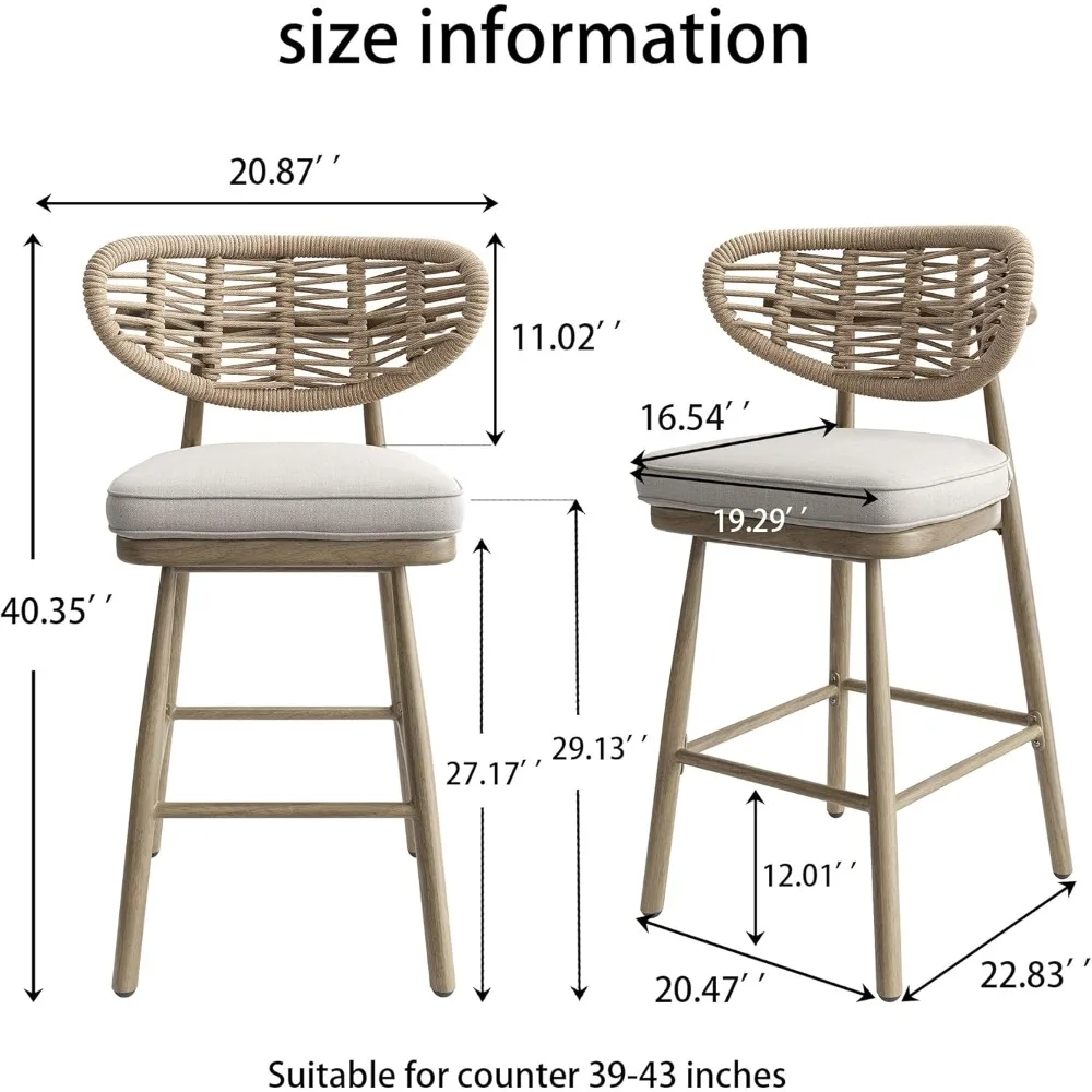 Bar Stools Set of 2 29'' Rattan Barstools Counter Stools Outdoor Bar Stools Kitchen Chairs with Back for Kitchen Island